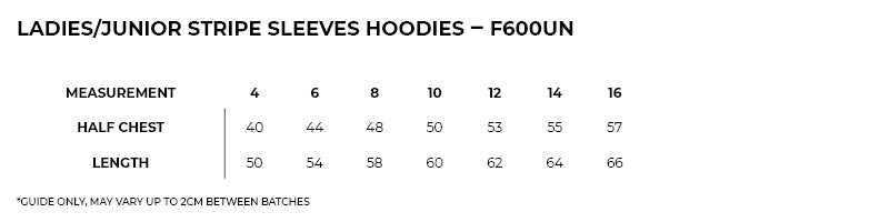 Size guide – Unbrushed Stripe Sleeve Zip Hoodie Ladies/Junior