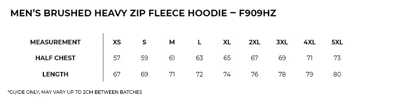 Size guide – Brushed Heavy Fleece Zip Hoodie Mens – Marl Colours (4XL - 5XL)