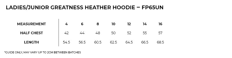 Size guide – Greatness Heather Hoodie Ladies/Junior