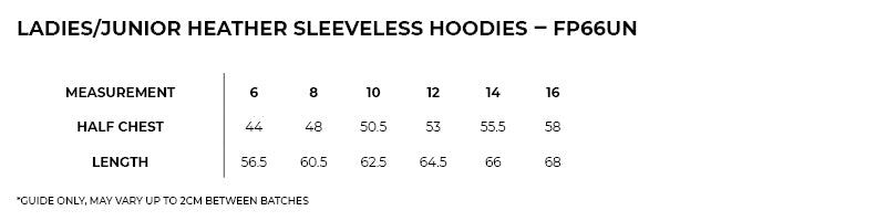 Size guide – Greatness Heather Sleeveless Hoodie Ladies/Junior