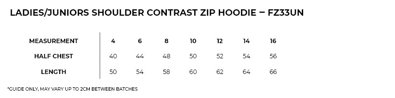 Size guide – Shoulder Contrast Zip Hoodie Ladies/Junior