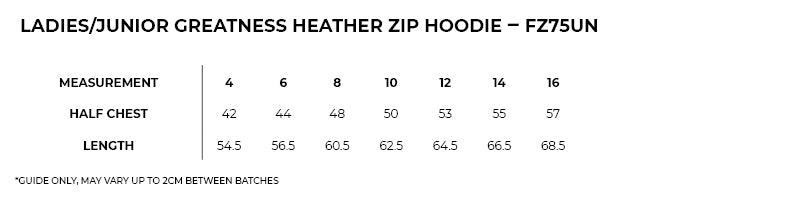 Size guide – Greatness Heather Zip Hoodie Ladies/Junior