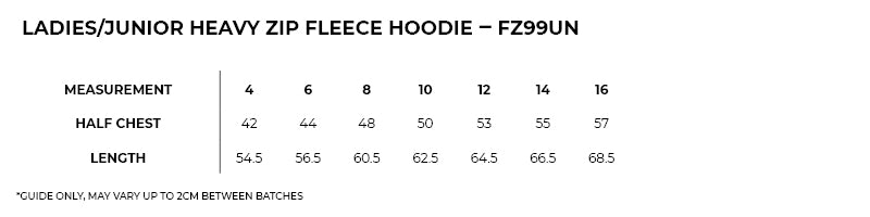 Size guide – Heavy Zip Fleece Hoodie Ladies/Junior – Marl Colours