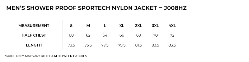 Size guide – Sportech Shower Proof Nylon Jacket Mens