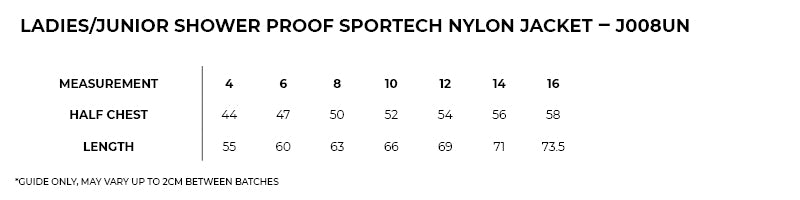 Size guide – Sportech Shower Proof Nylon Jacket Ladies/Junior