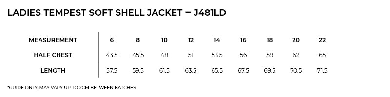 Size guide – Tempest Soft Shell Jacket Ladies