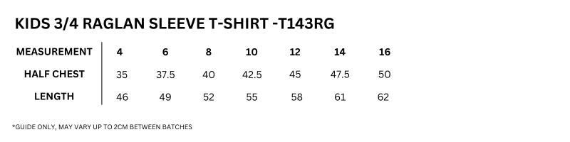 Size guide – Kids 3/4 Raglan Sleeve T-shirt