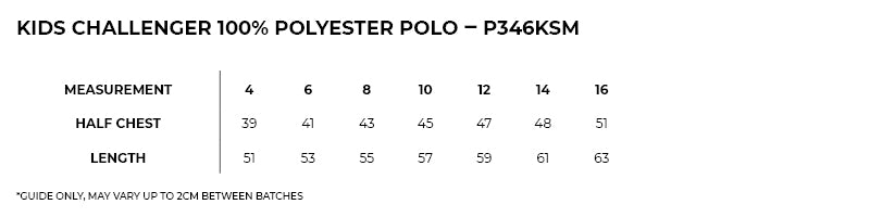 Size guide – Challenger 100% Polyester Polo Kids