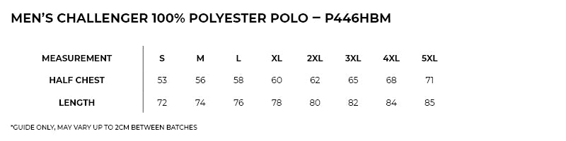 Size guide – Challenger 100% Polyester Polo Mens