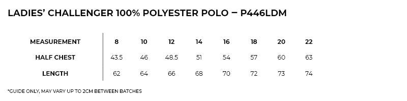 Size guide – Challenger 100% Polyester Polo Ladies