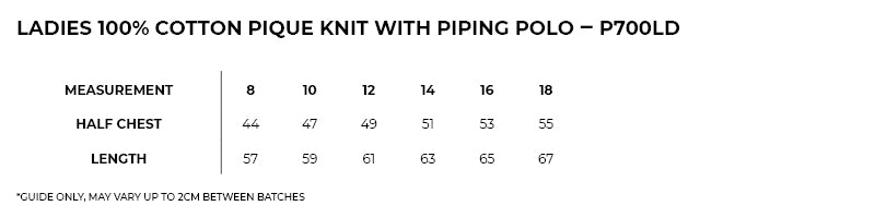 Size guide – Cotton Pique Knit With Piping Ladies
