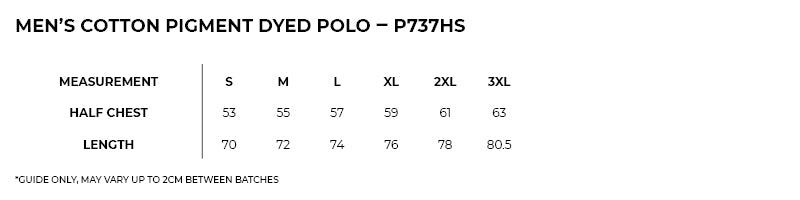 Size guide – Cotton Pigment Dyed Polo Mens