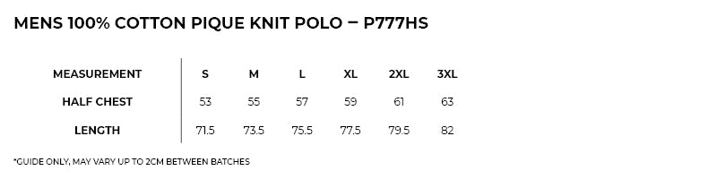 Size guide – Cotton Pique Knit Polo Mens