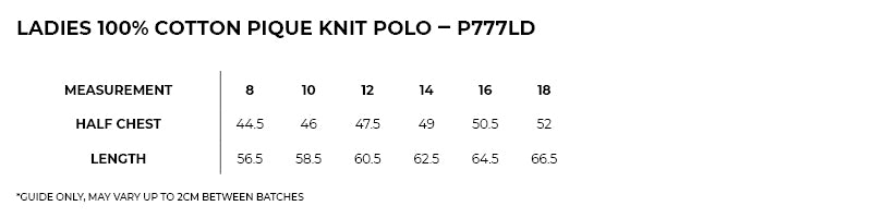 Size guide – Cotton Pique Knit Polo Ladies