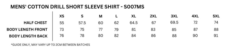 Size guide – 100% Combed Cotton Drill Short Sleeve Shirt