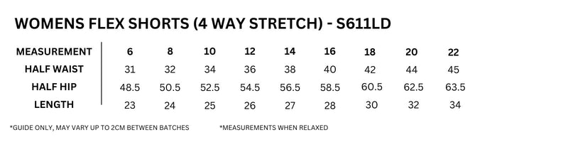 Size guide – Flex 4-Way Stretch Shorts Ladies