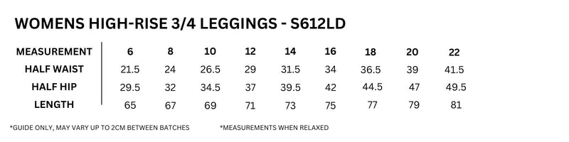 Size guide – High Rise 3/4 Leggings Ladies