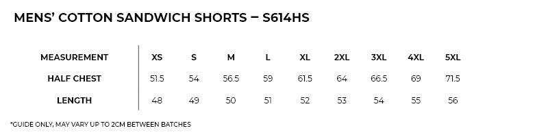Size guide – Cotton Sandwich Shorts Mens (XS - 3XL)