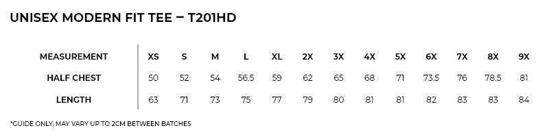 Ramo T201HD Men's / Unisex Modern Fit Tee size chart