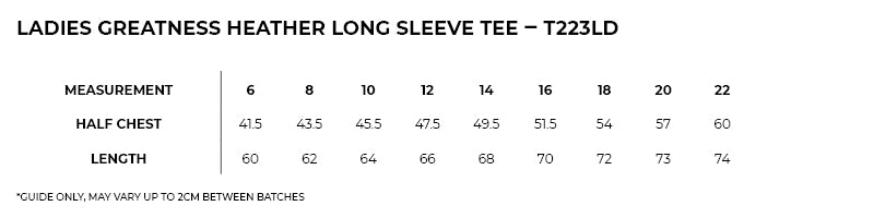 Size guide – Greatness Heather Long Sleeve Tee Ladies