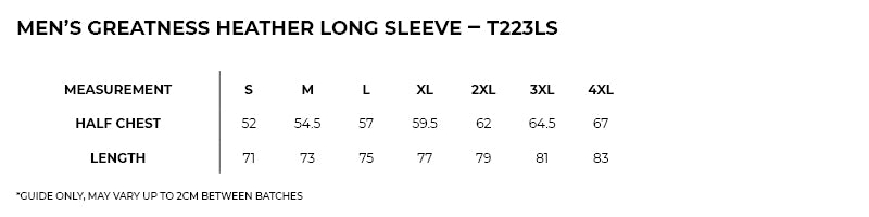 Size guide – Greatness Heather Long Sleeve Tee Unisex