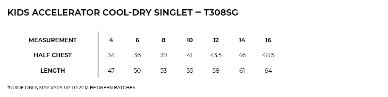 Size guide – Accelerator Cool Dry Singlet Kids