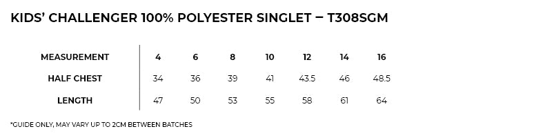 Size guide – Challenger 100% Polyester Singlet Kids
