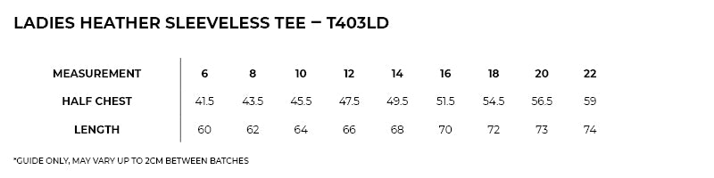 Size guide – Greatness Heather Sleeveless Tee Ladies