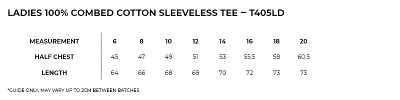 Size guide – 160gsm 100% Combed Cotton Sleeveless Tee Ladies