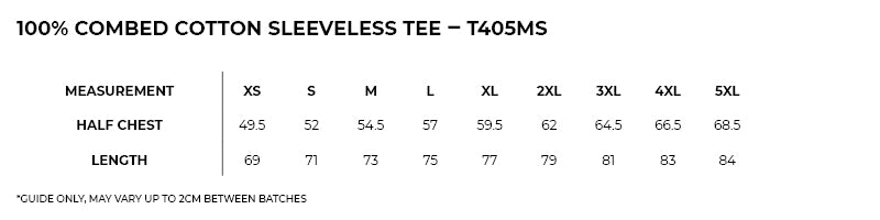 Size guide – 100% Combed Cotton Sleeveless Tee