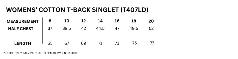 Size guide – T-Back Singlet Ladies