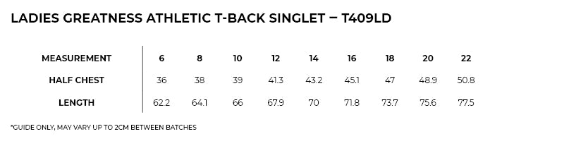 Size guide – Greatness Athletic T-Back Singlet Ladies