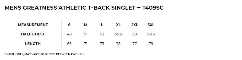 Size guide – Greatness Athletic T-Back Singlet Mens