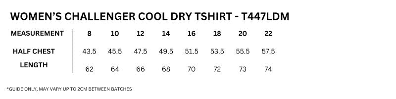 Size guide – Challenger 100% Polyester Tee Ladies