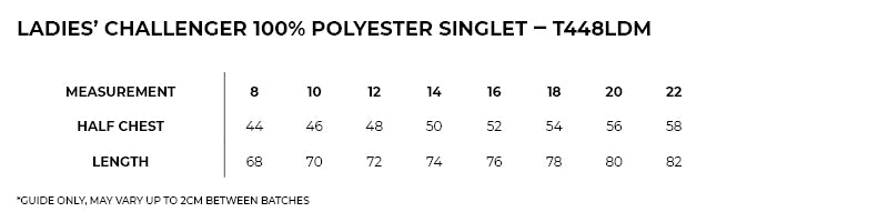 Size guide – Challenger 100% Polyester Singlet Ladies