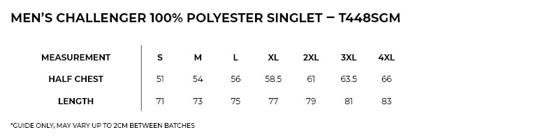 Size guide – Challenger 100% Polyester Singlet Mens