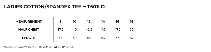 Size guide – Cotton Spandex Tee Ladies