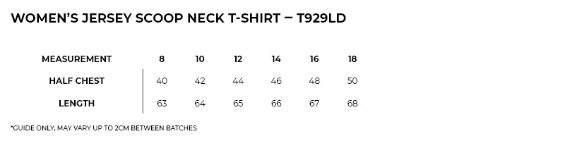 Size guide – Jersey Scoop Neck Tee Ladies