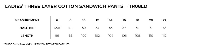Size guide – 3 Layer Cotton Sandwich Pants Ladies