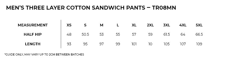 Size guide – 3 Layer Cotton Sandwich Pants Mens (XS - 3XL)