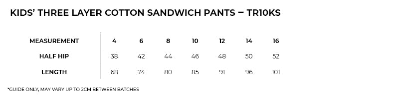 Size guide – 3 Layer Cotton Sandwich Pants Kids