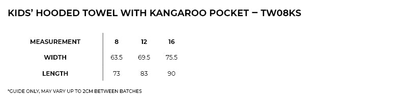 Size guide – Hooded Towel with Kangaroo Pocket Kids