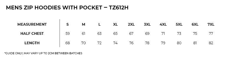 Size guide – Zip Hoodies with Pocket Mens (6XL - 7XL)