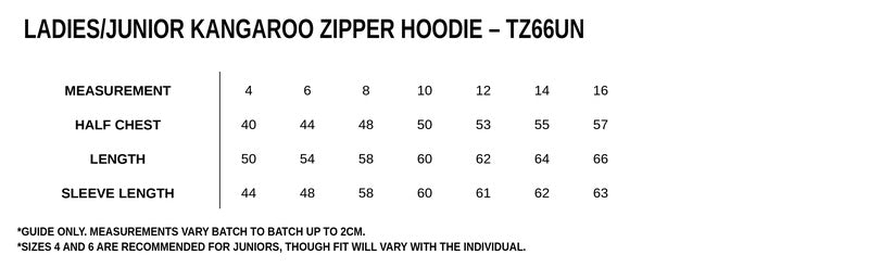 Size guide – Zip Hoodies with Pocket Ladies/Juniors