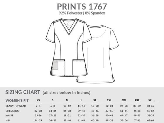 1767 MAEVN Printed V-Neck Scrub Top Size Chart