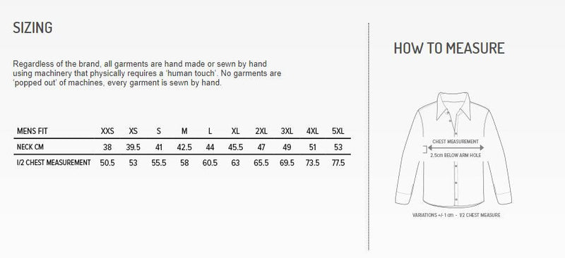 Aussie Pacific 1903L Mosman Long Sleeve Shirt Mens Size Chart