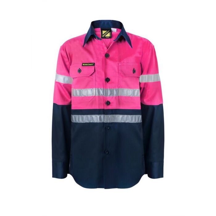 Kids PINK Hi Vis Two Tone Long Sleeve Shirt with 3M Reflective Tape