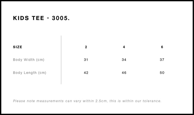 AS Colour 3005 Kids Tee size chart