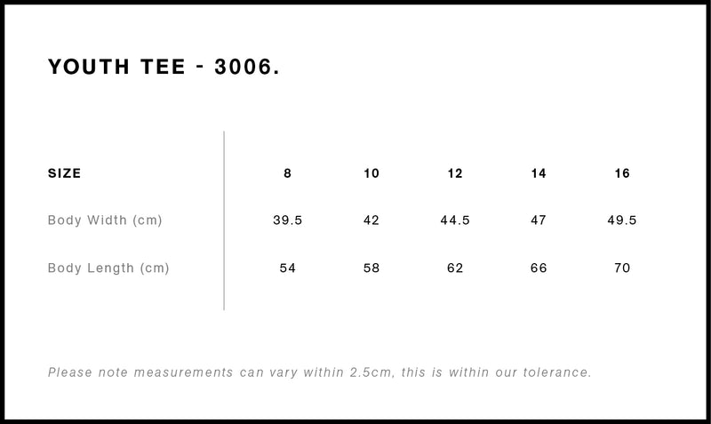 AS Colour 3006 Youth Tee size chart