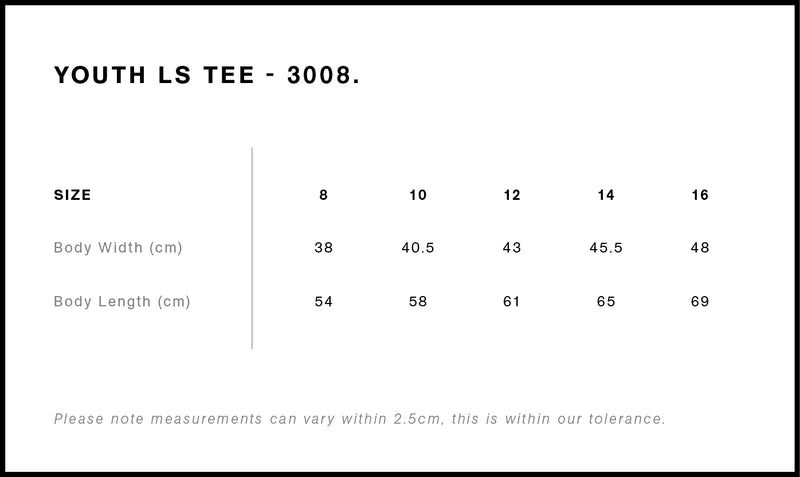 AS Colour 3008 Youth Long Sleeve Tee size chart